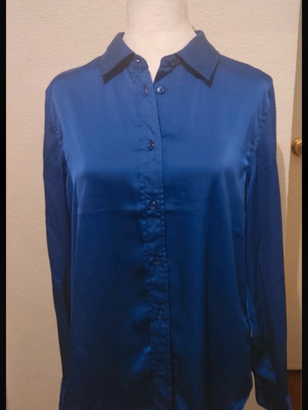 Satin Button-Front Blouse in Royal Blue